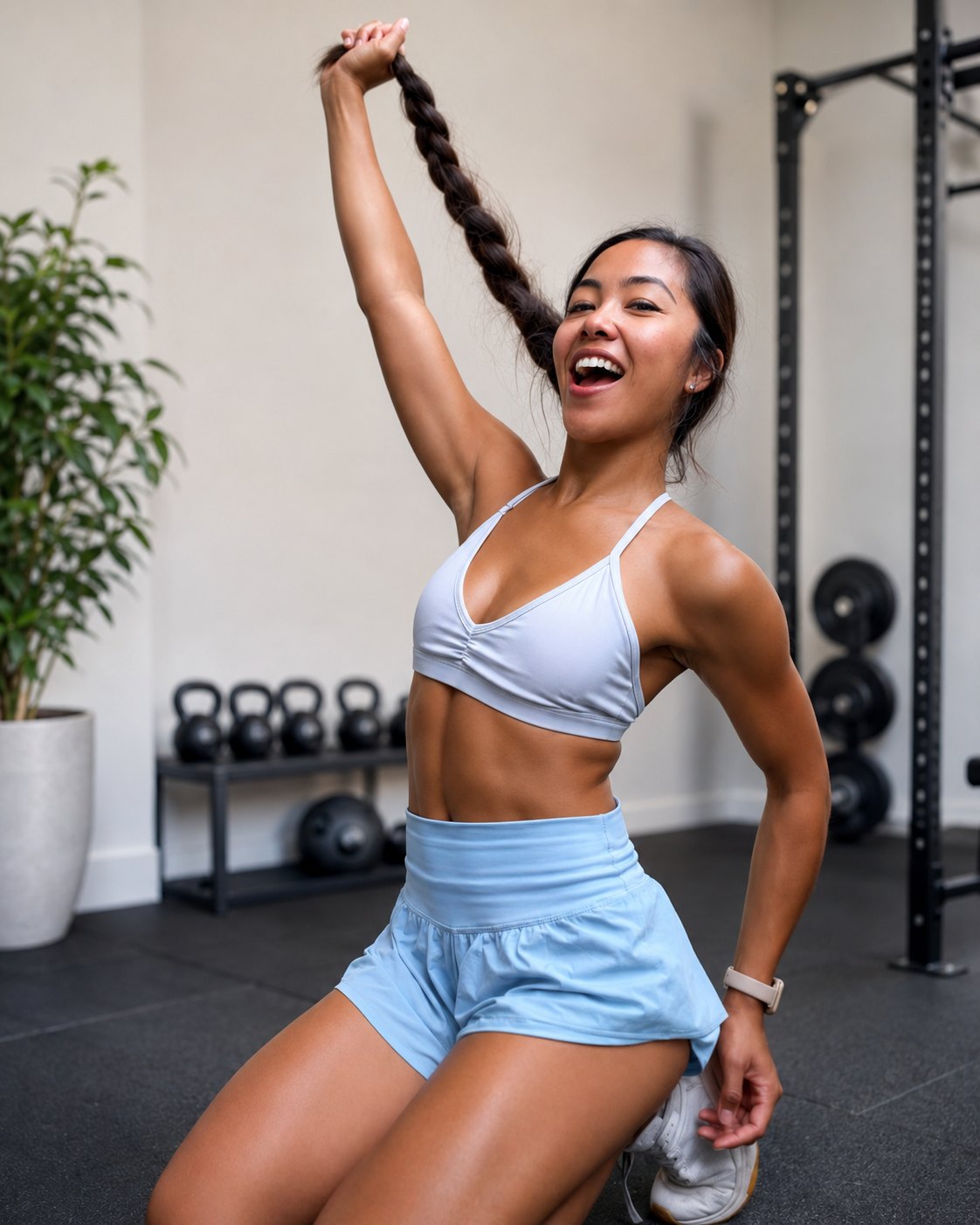 Anika smiling mid-workout in the gym